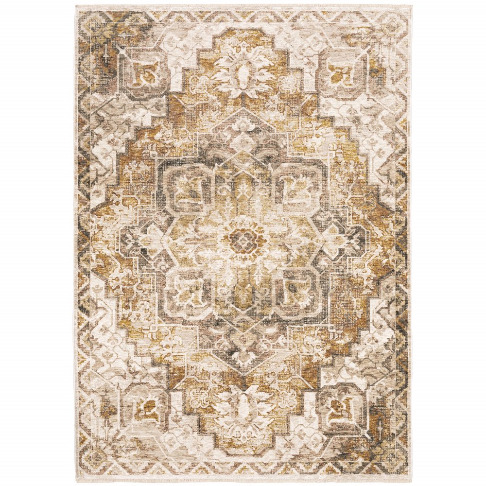 8' X 11' Gold And Brown Oriental Distressed Area Rug With Fringe