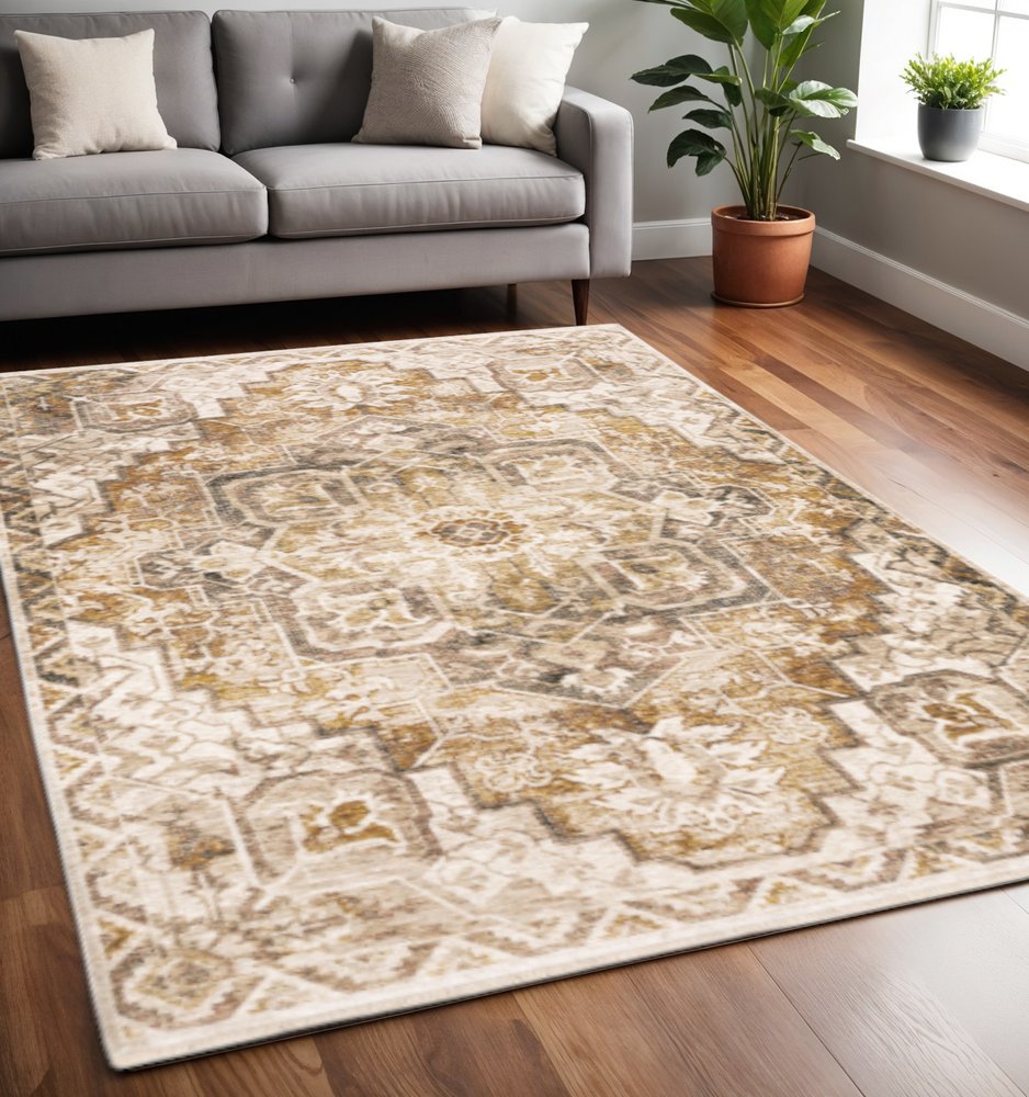 8' X 11' Gold And Brown Oriental Distressed Area Rug With Fringe