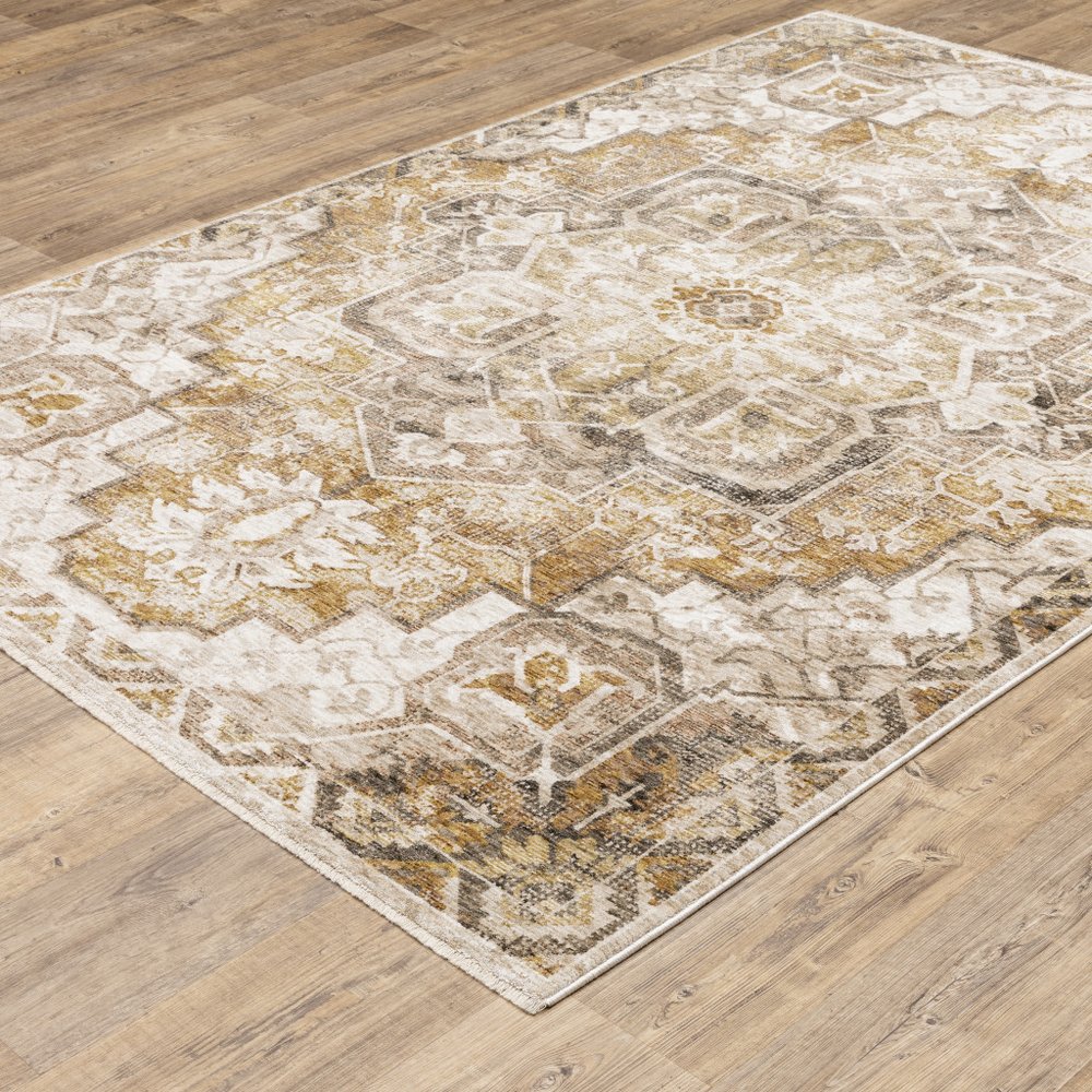 8' X 11' Gold And Brown Oriental Distressed Area Rug With Fringe