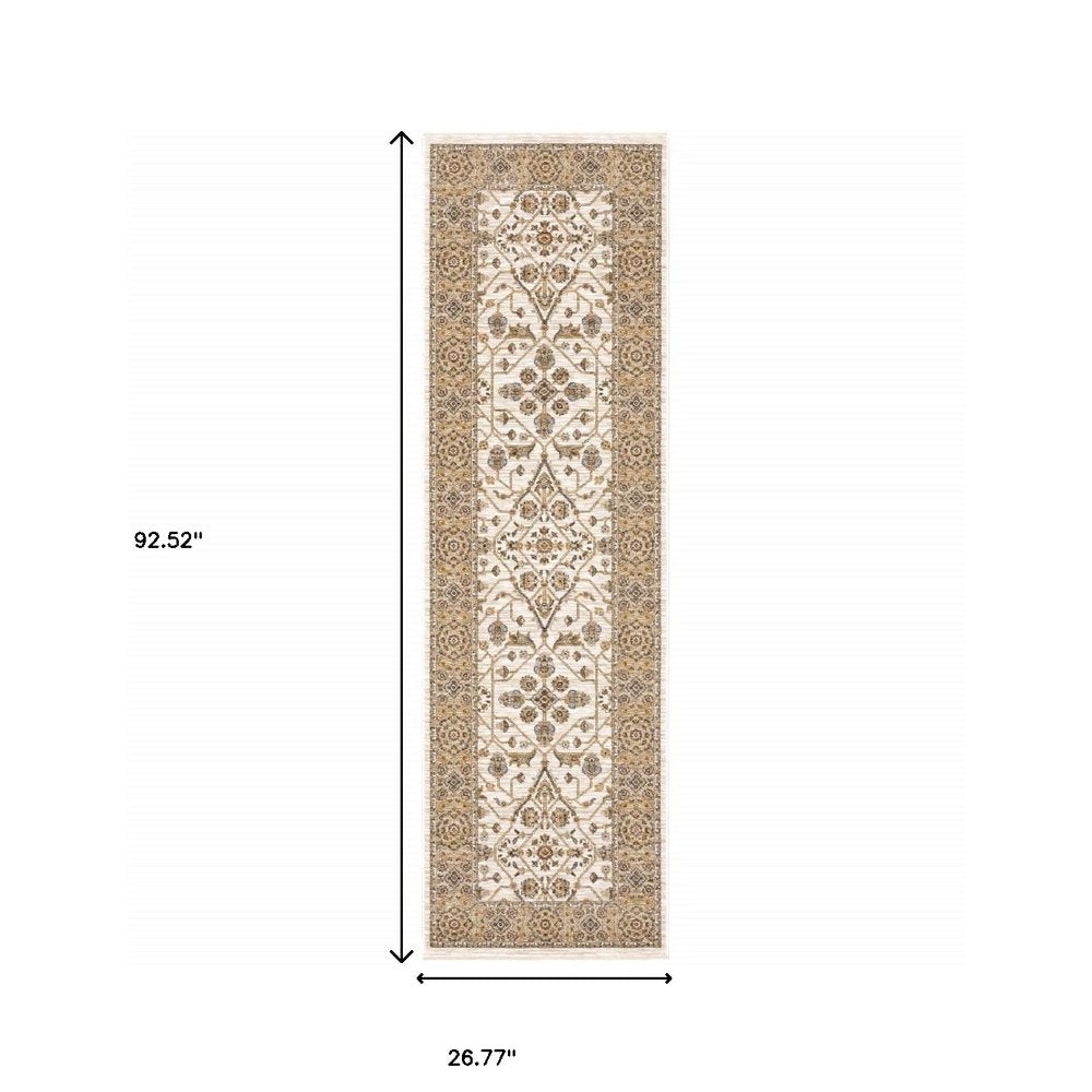 2' X 3' Ivory And Gold Oriental Power Loom Stain Resistant Area Rug With Fringe