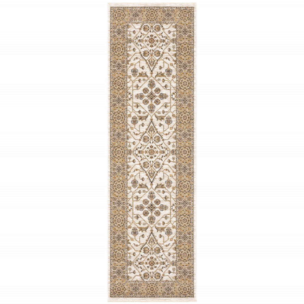 2' X 3' Ivory And Gold Oriental Power Loom Stain Resistant Area Rug With Fringe