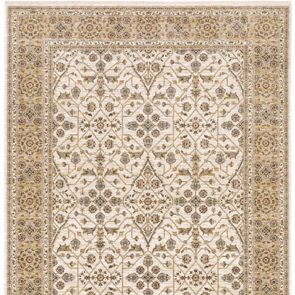 2' X 3' Ivory And Gold Oriental Power Loom Stain Resistant Area Rug With Fringe
