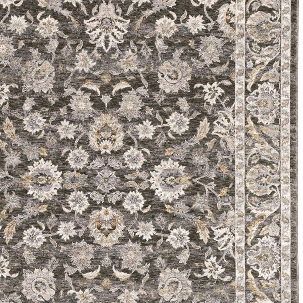 2' X 8' Grey And Ivory Oriental Power Loom Stain Resistant Runner Rug With Fringe