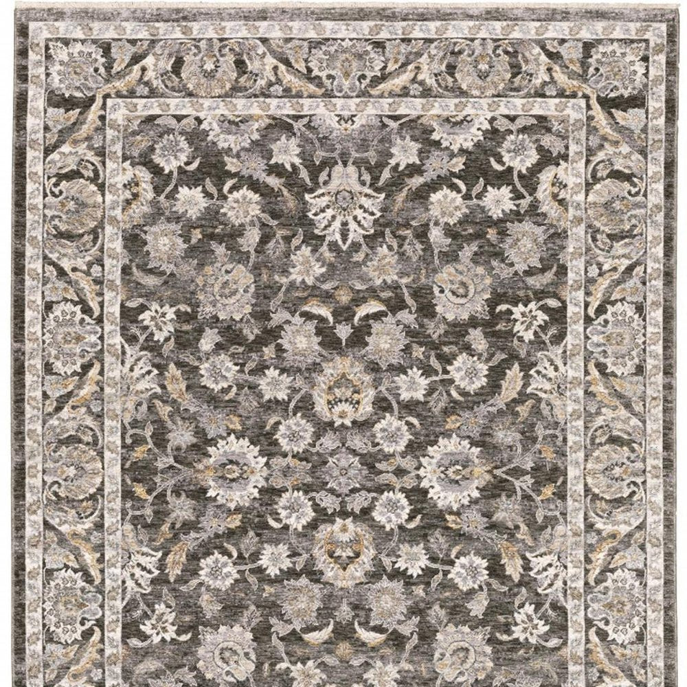 2' X 8' Grey And Ivory Oriental Power Loom Stain Resistant Runner Rug With Fringe