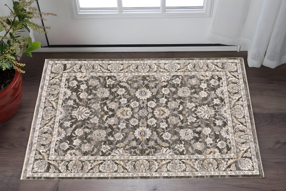 2' X 8' Grey And Ivory Oriental Power Loom Stain Resistant Runner Rug With Fringe