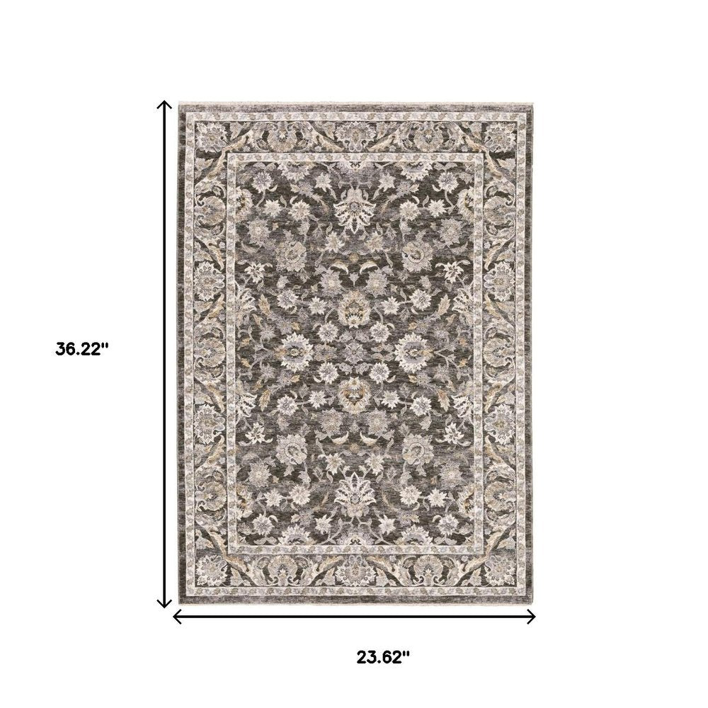 2' X 8' Grey And Ivory Oriental Power Loom Stain Resistant Runner Rug With Fringe