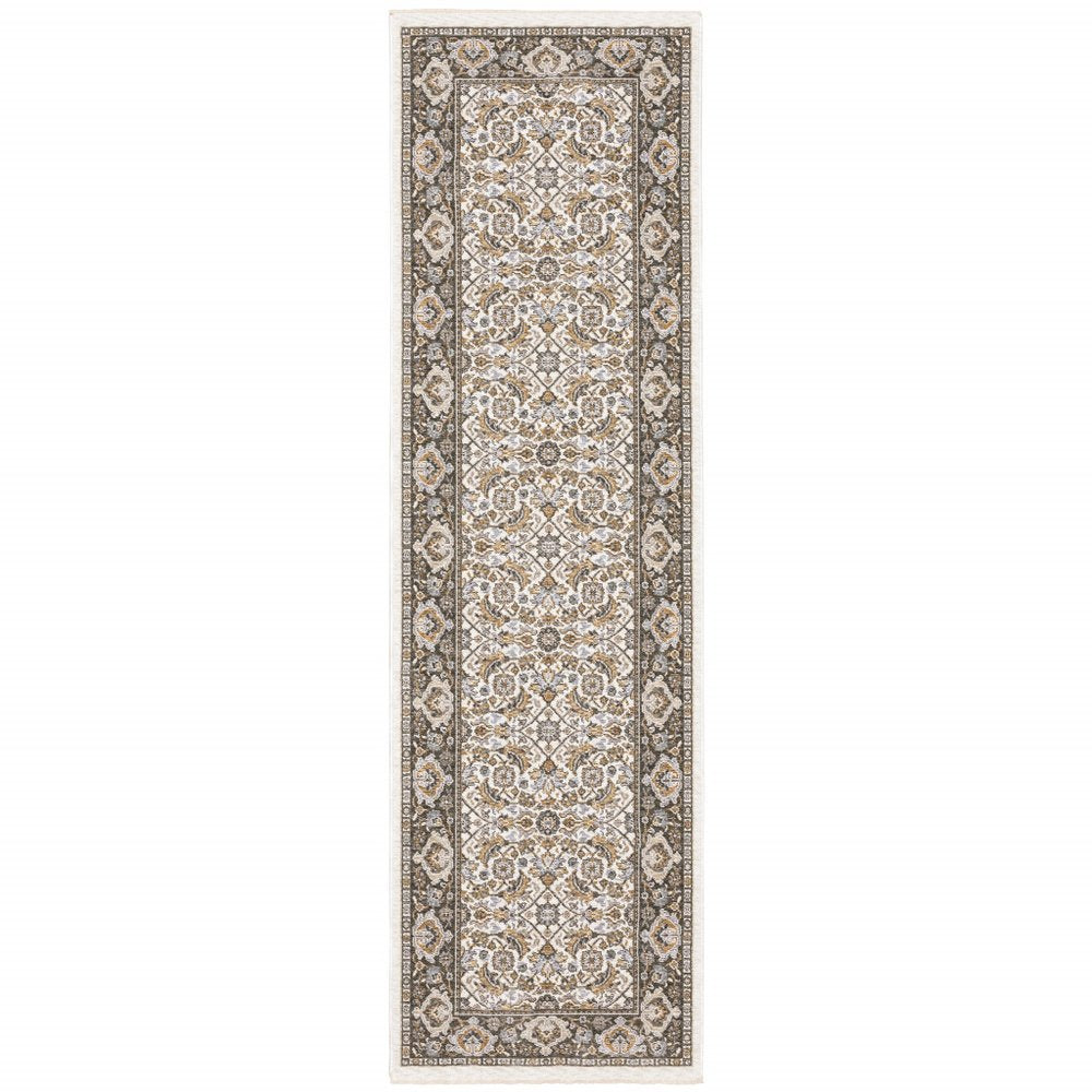2' X 3' Ivory And Grey Oriental Power Loom Stain Resistant Area Rug With Fringe