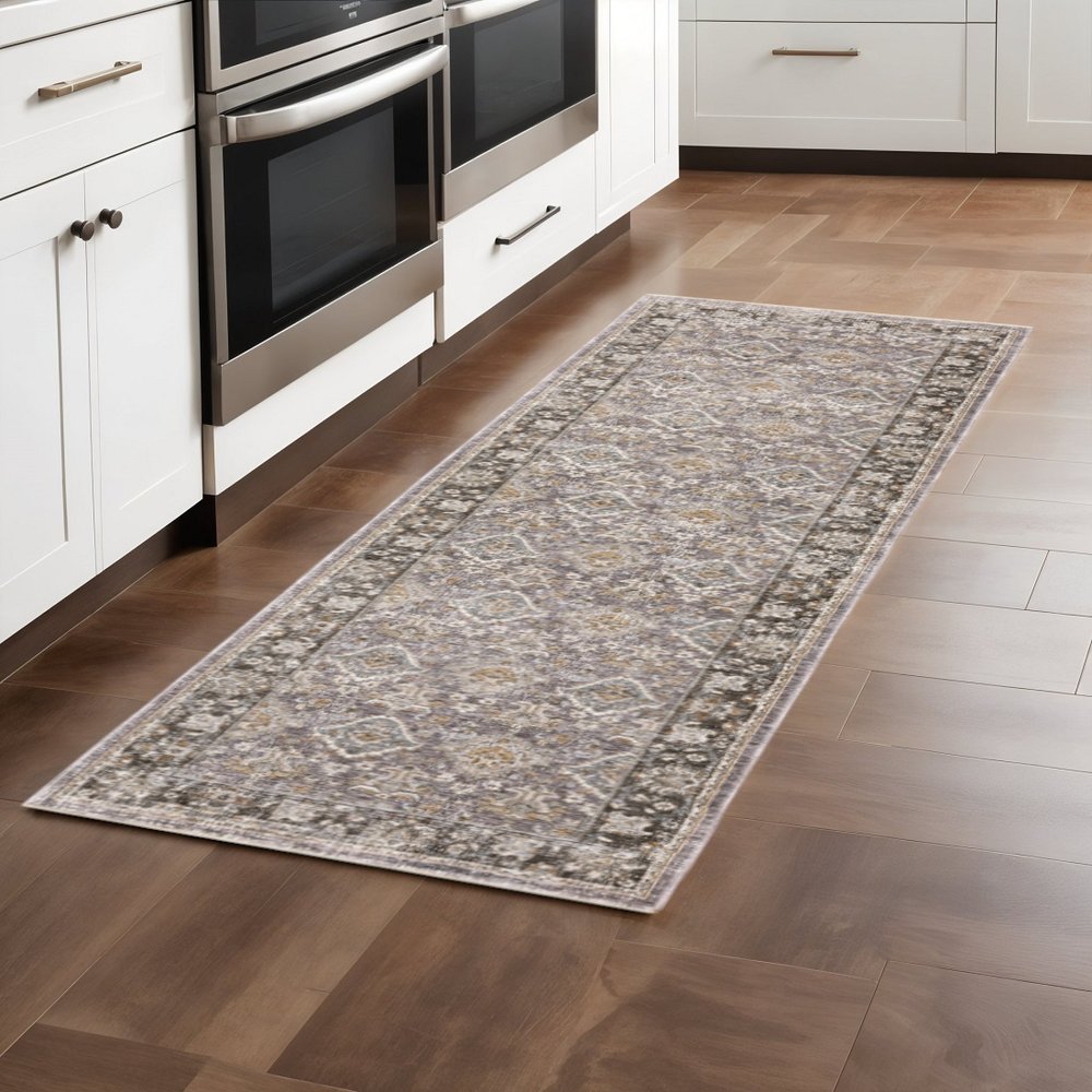 2' X 3' Grey And Blue Oriental Power Loom Stain Resistant Area Rug With Fringe