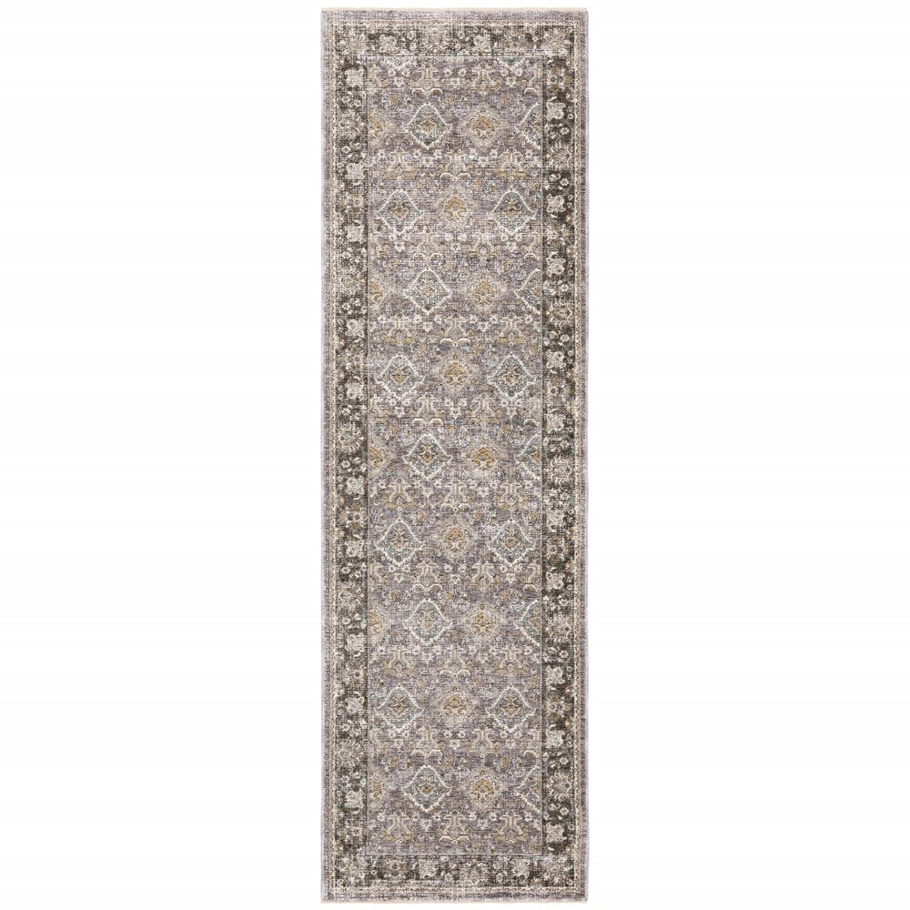 2' X 3' Grey And Blue Oriental Power Loom Stain Resistant Area Rug With Fringe