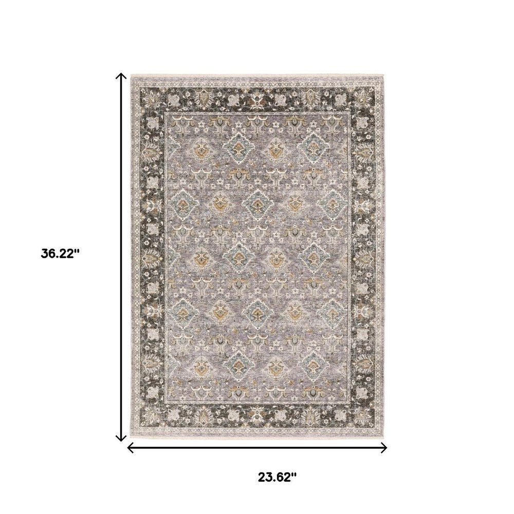 2' X 3' Grey And Blue Oriental Power Loom Stain Resistant Area Rug With Fringe