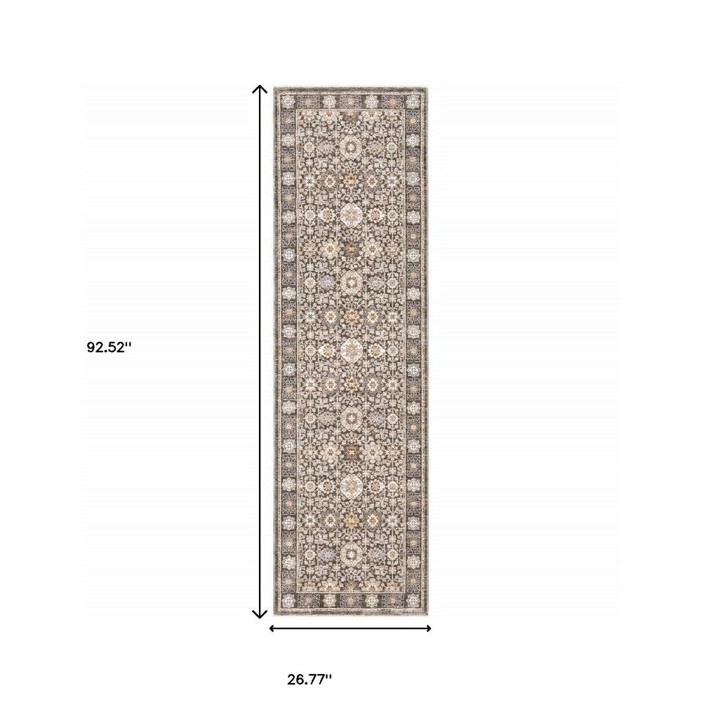 3' X 5' Grey And Ivory Oriental Power Loom Stain Resistant Area Rug With Fringe