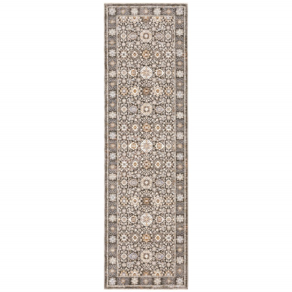 3' X 5' Grey And Ivory Oriental Power Loom Stain Resistant Area Rug With Fringe