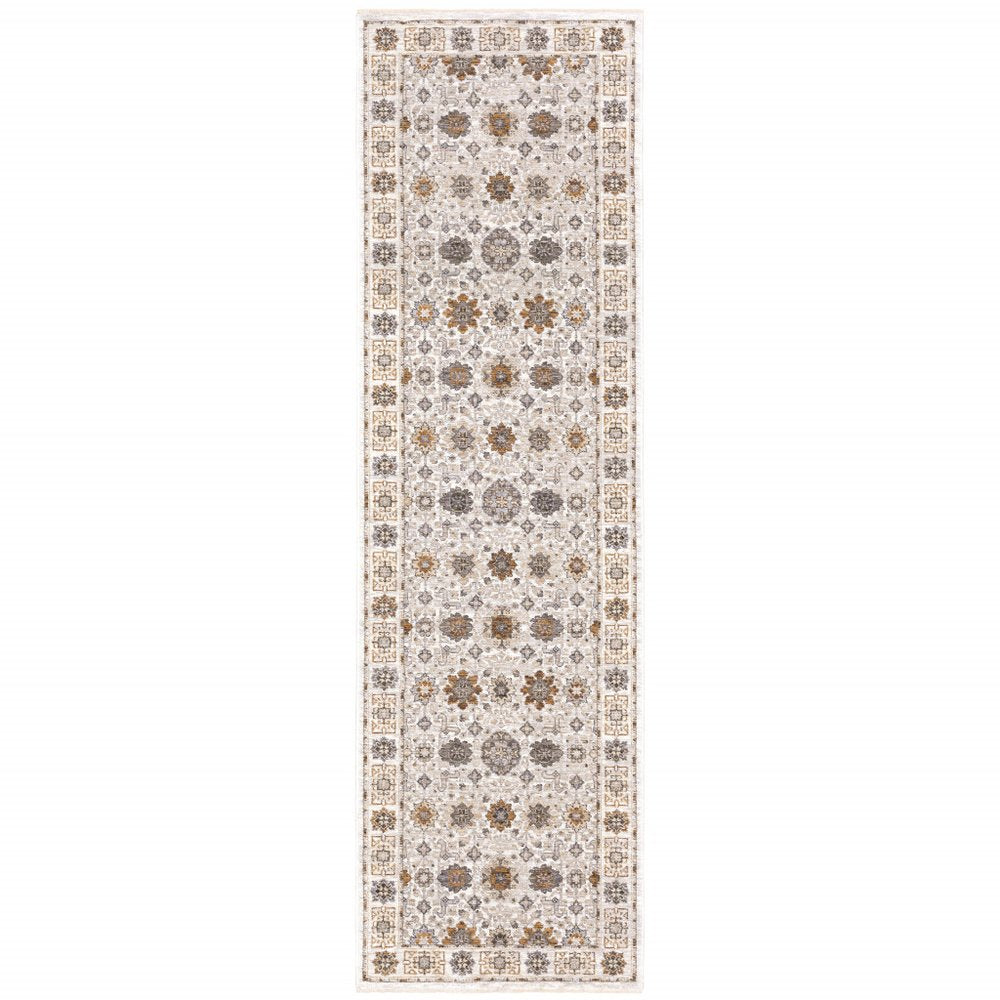 3' X 5' Grey And Ivory Oriental Power Loom Stain Resistant Area Rug With Fringe