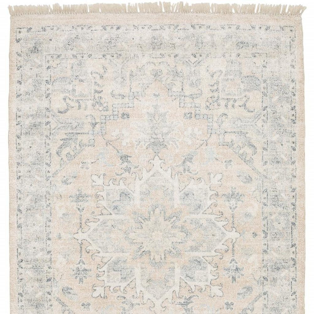 8' X 10' Beige And Grey Oriental Hand Loomed Stain Resistant Area Rug With Fringe