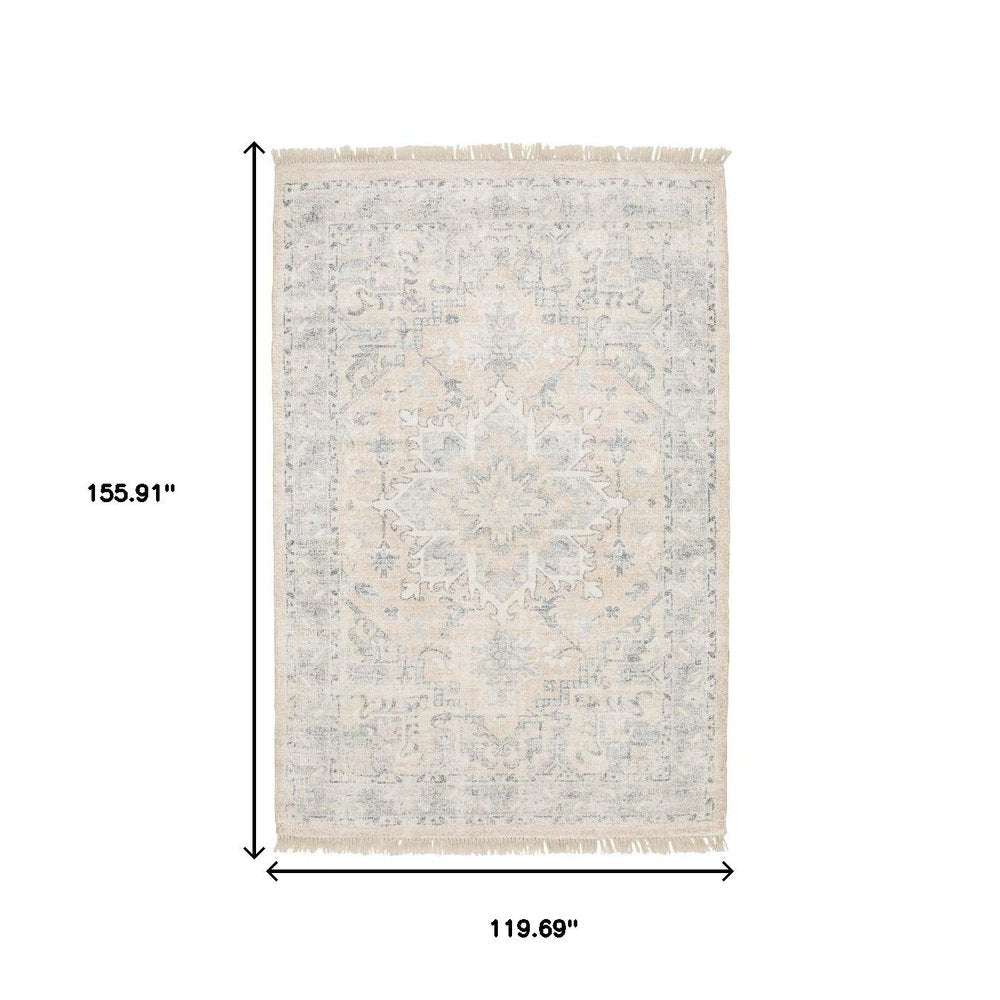 8' X 10' Beige And Grey Oriental Hand Loomed Stain Resistant Area Rug With Fringe