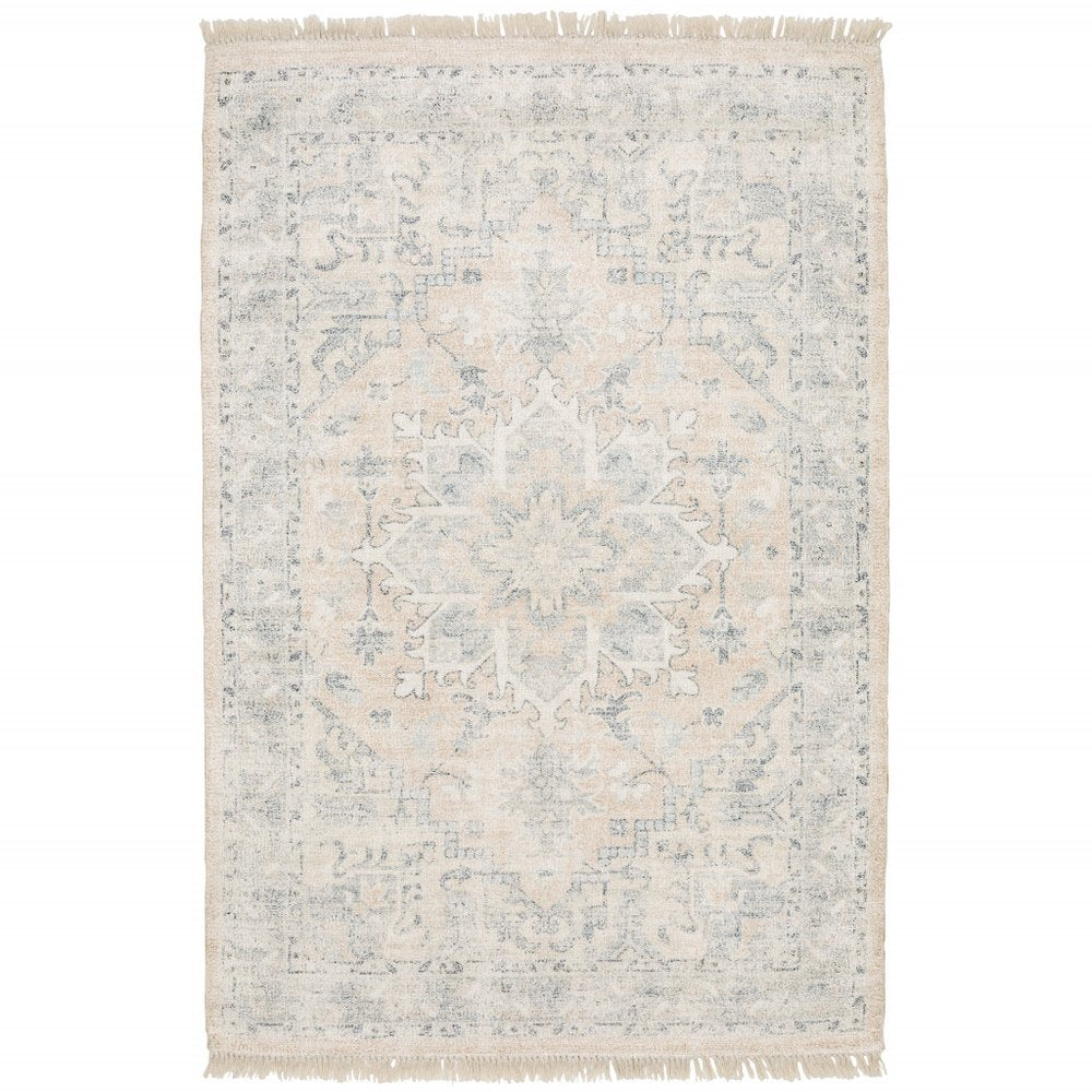 8' X 10' Beige And Grey Oriental Hand Loomed Stain Resistant Area Rug With Fringe