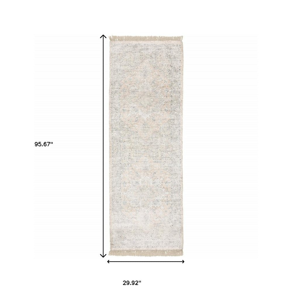 8' X 10' Beige And Grey Oriental Hand Loomed Stain Resistant Area Rug With Fringe