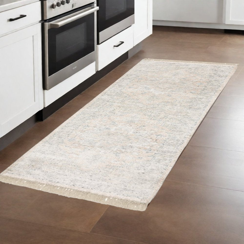 8' X 10' Beige And Grey Oriental Hand Loomed Stain Resistant Area Rug With Fringe