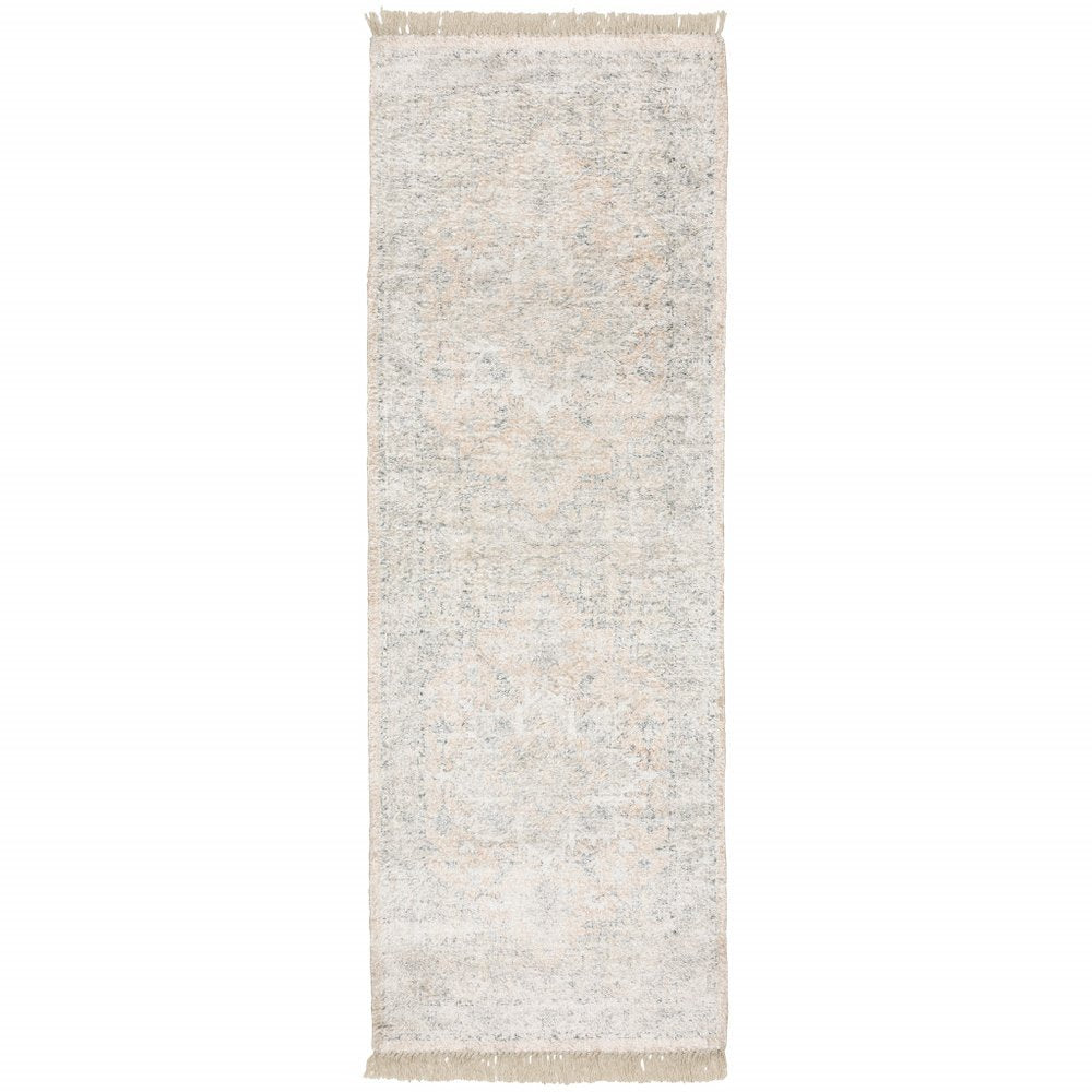 8' X 10' Beige And Grey Oriental Hand Loomed Stain Resistant Area Rug With Fringe