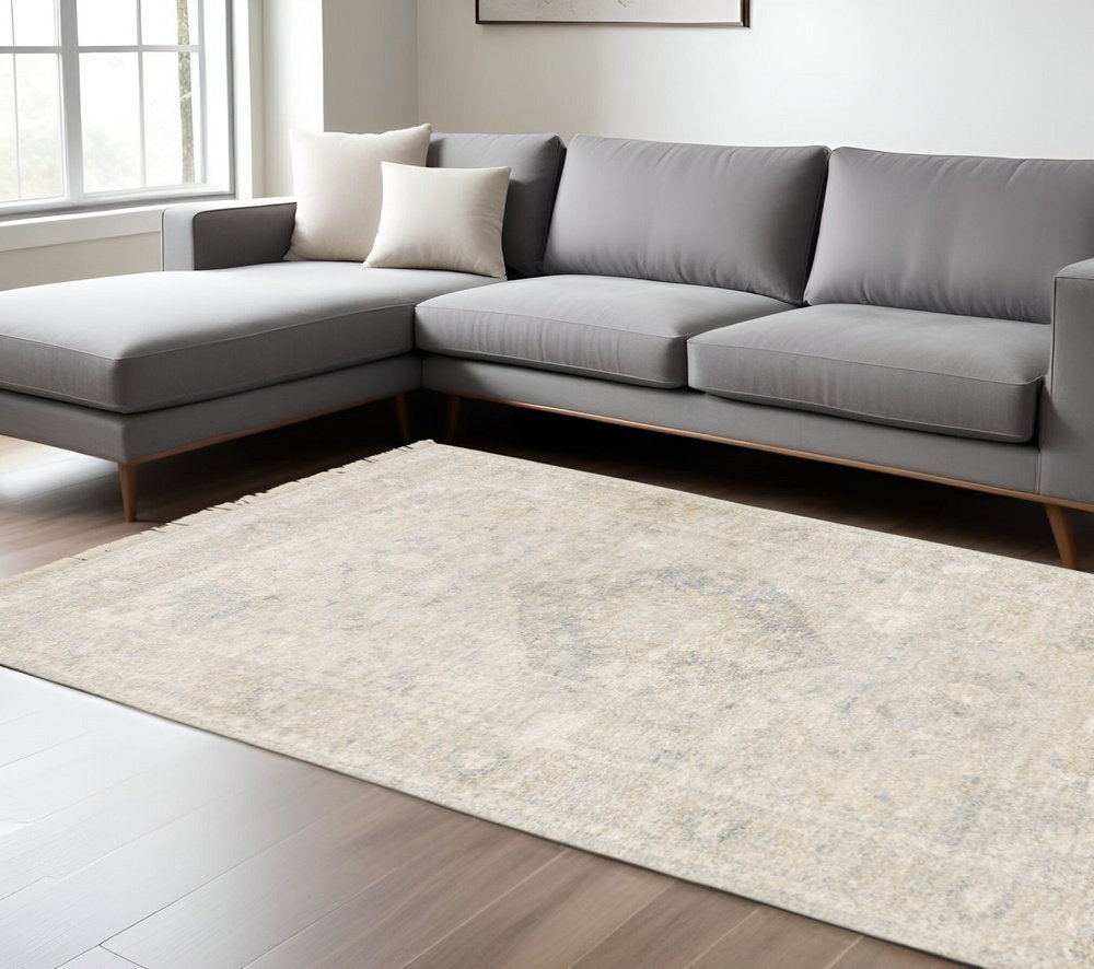10' X 13' Beige And Gray Oriental Hand Loomed Distressed Area Rug With Fringe