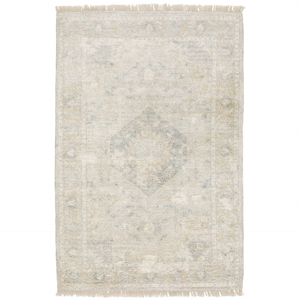 10' X 13' Beige And Gray Oriental Hand Loomed Distressed Area Rug With Fringe