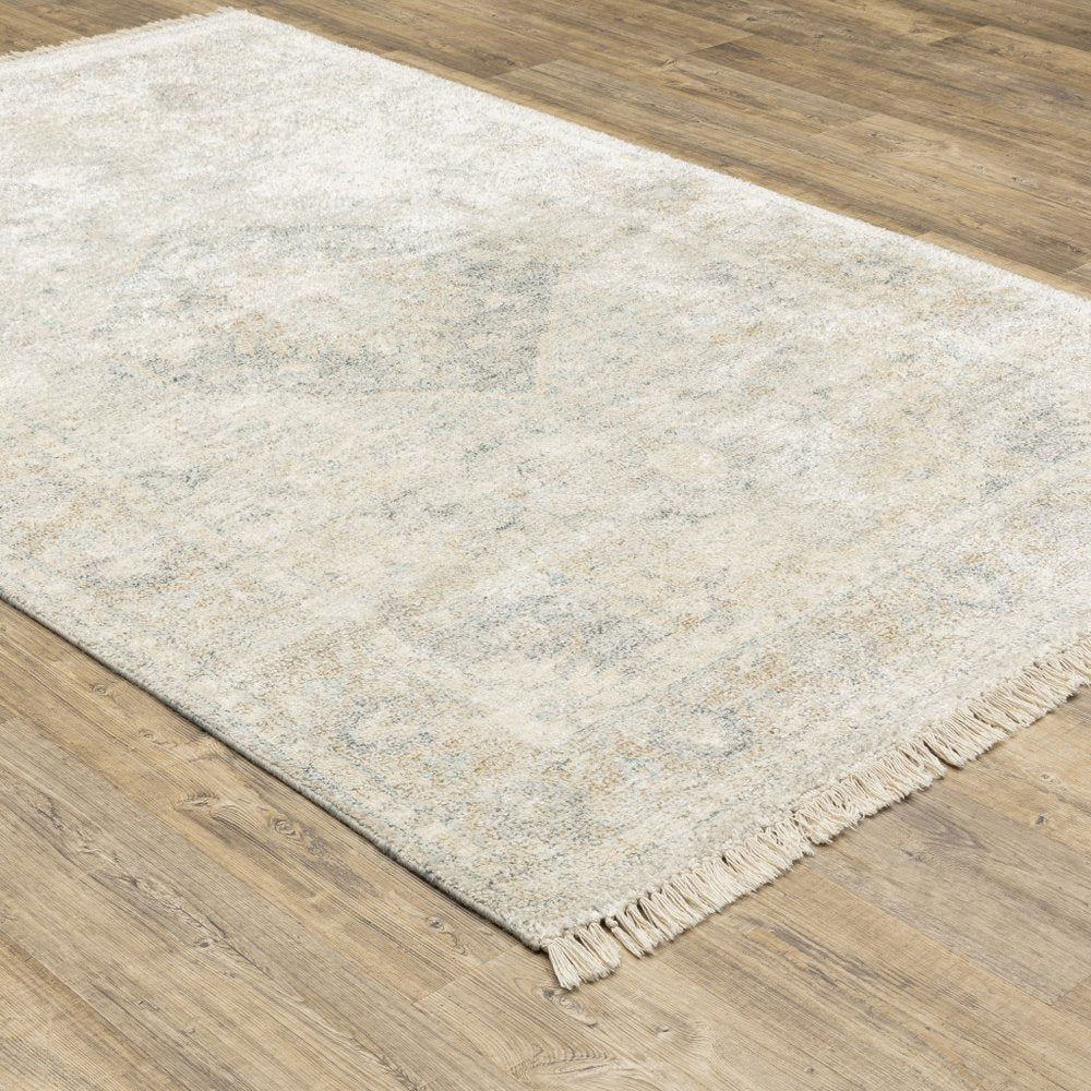 10' X 13' Beige And Gray Oriental Hand Loomed Distressed Area Rug With Fringe