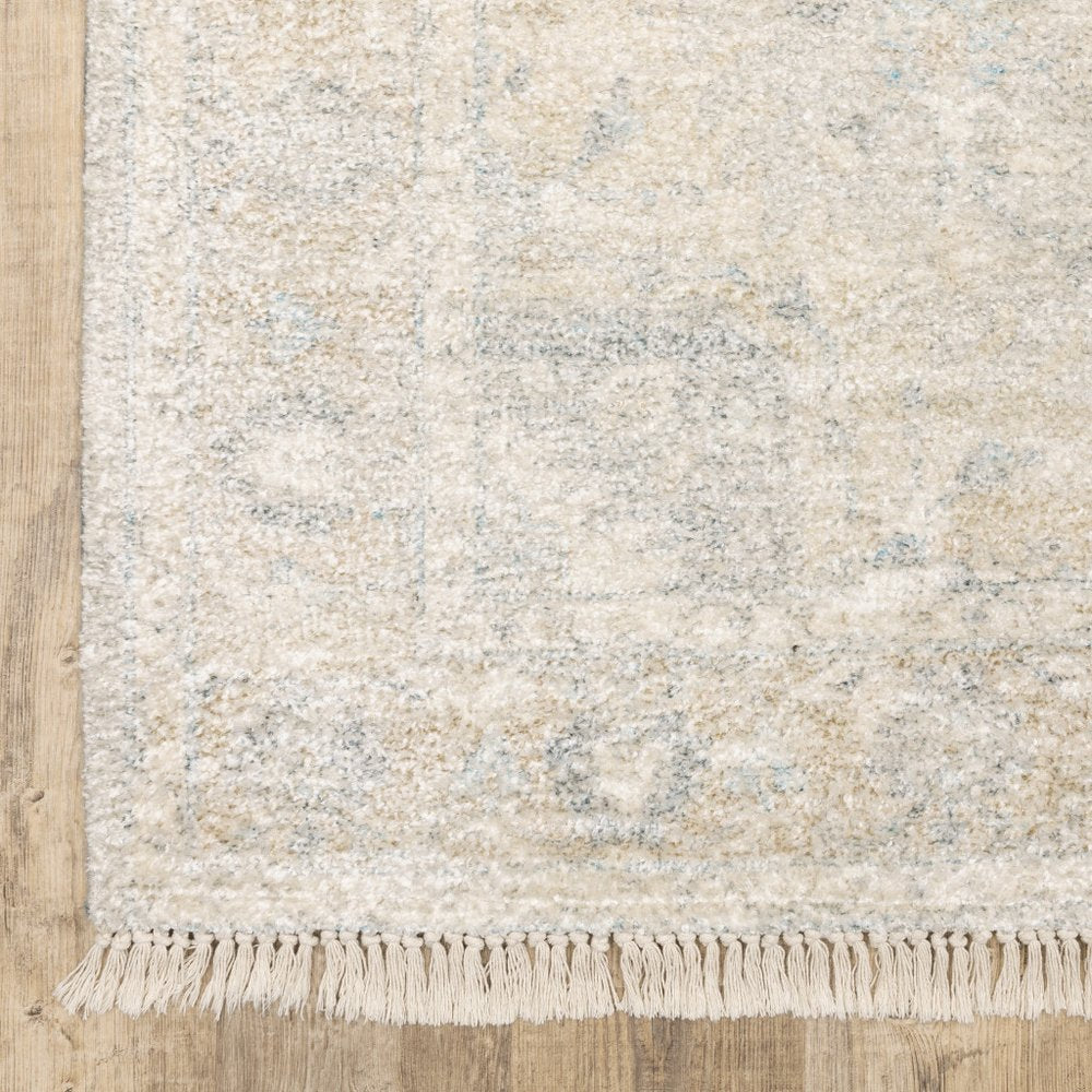10' X 13' Beige And Gray Oriental Hand Loomed Distressed Area Rug With Fringe