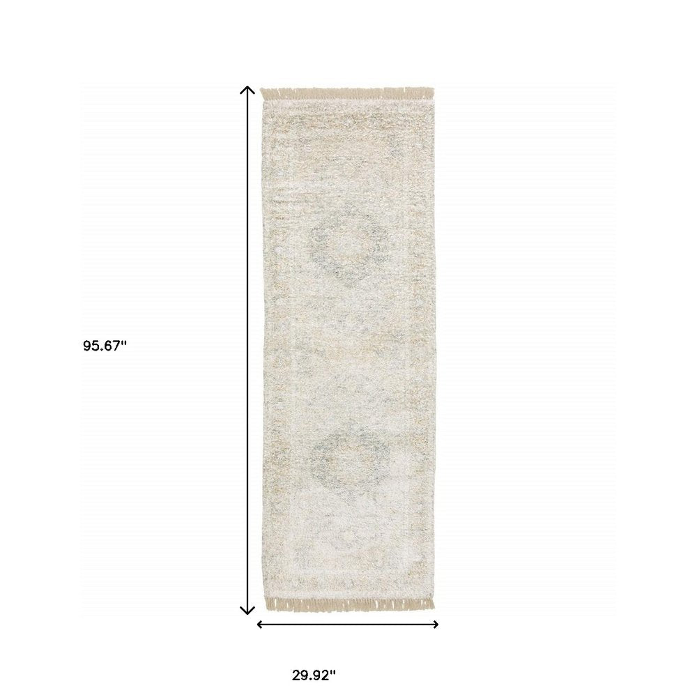 10' X 13' Beige And Gray Oriental Hand Loomed Distressed Area Rug With Fringe
