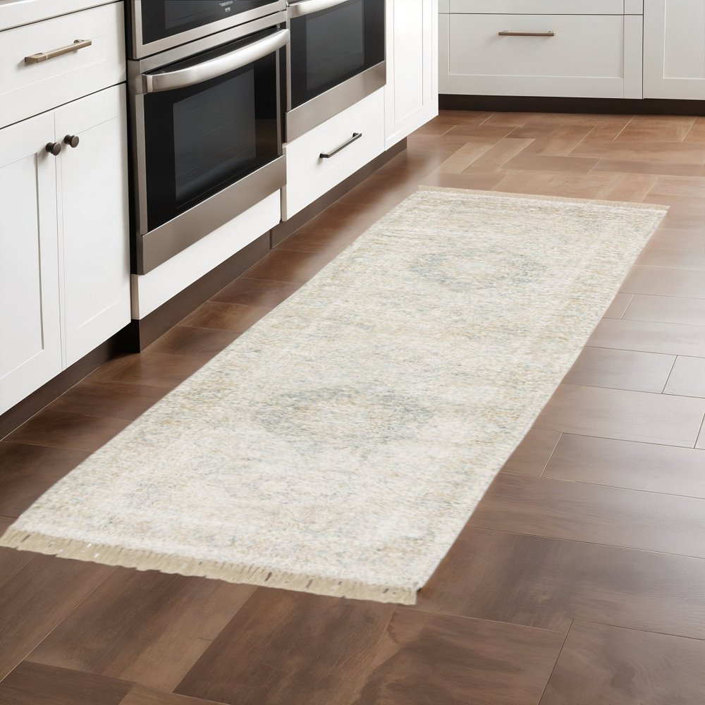 10' X 13' Beige And Gray Oriental Hand Loomed Distressed Area Rug With Fringe