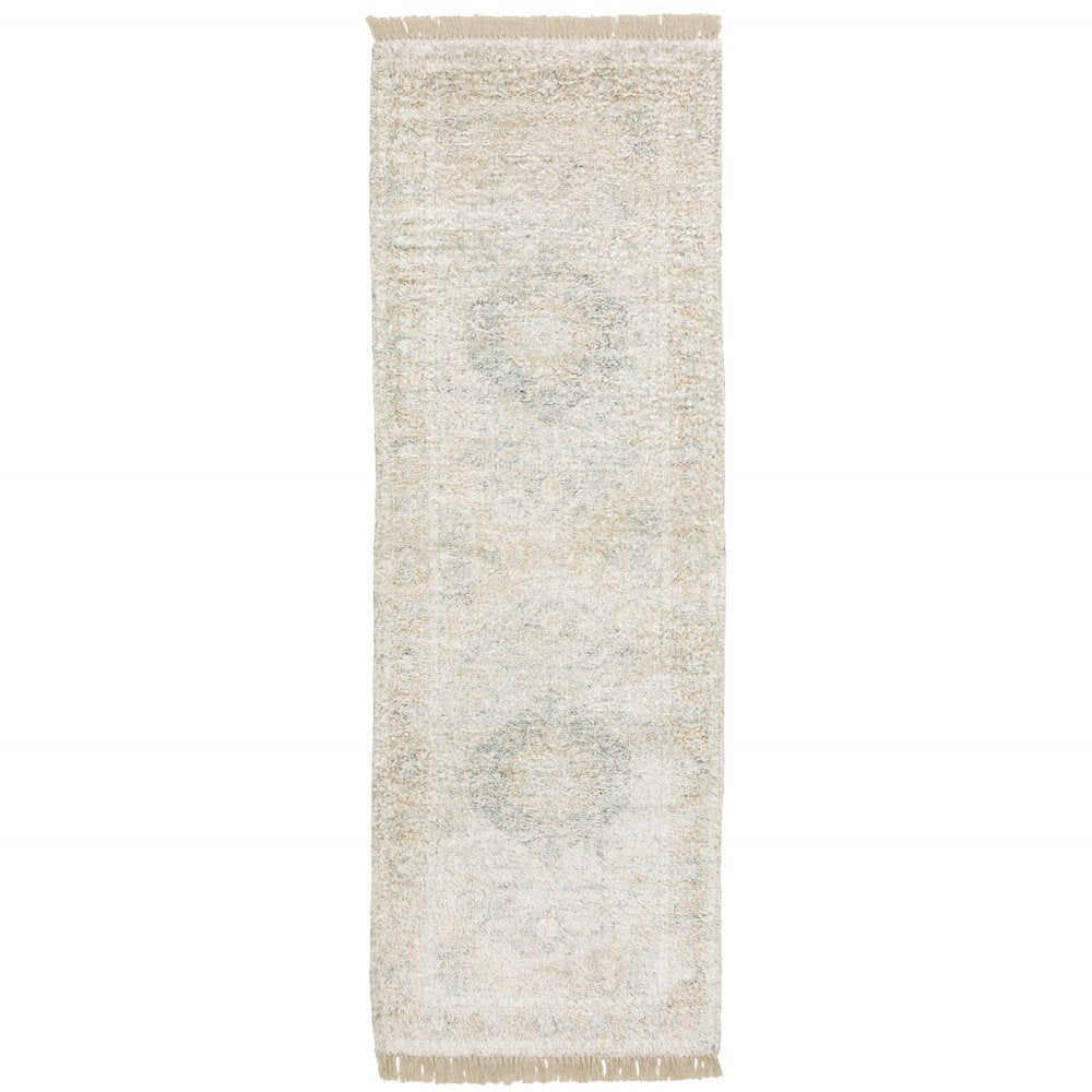 10' X 13' Beige And Gray Oriental Hand Loomed Distressed Area Rug With Fringe