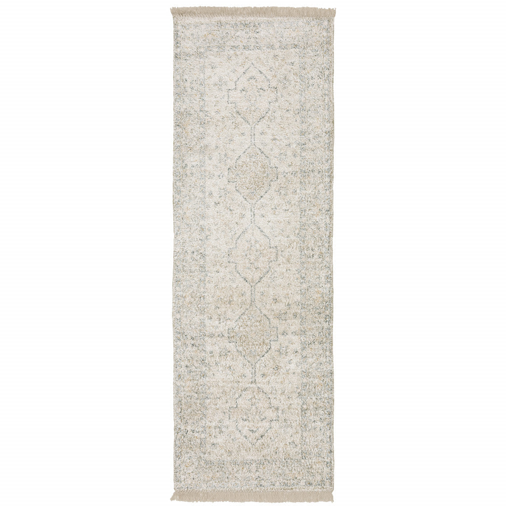 10' X 13' Beige And Charcoal Oriental Hand Loomed Stain Resistant Area Rug With Fringe