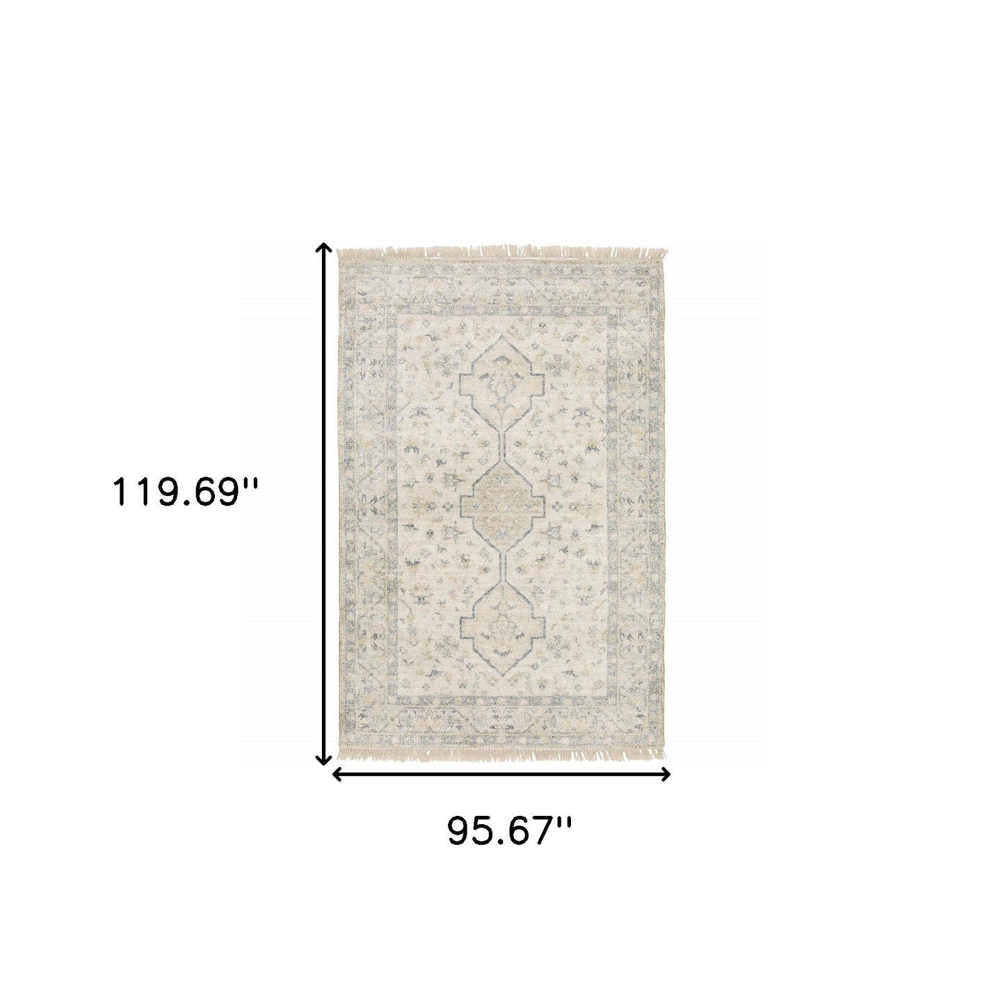 10' X 13' Beige And Charcoal Oriental Hand Loomed Stain Resistant Area Rug With Fringe