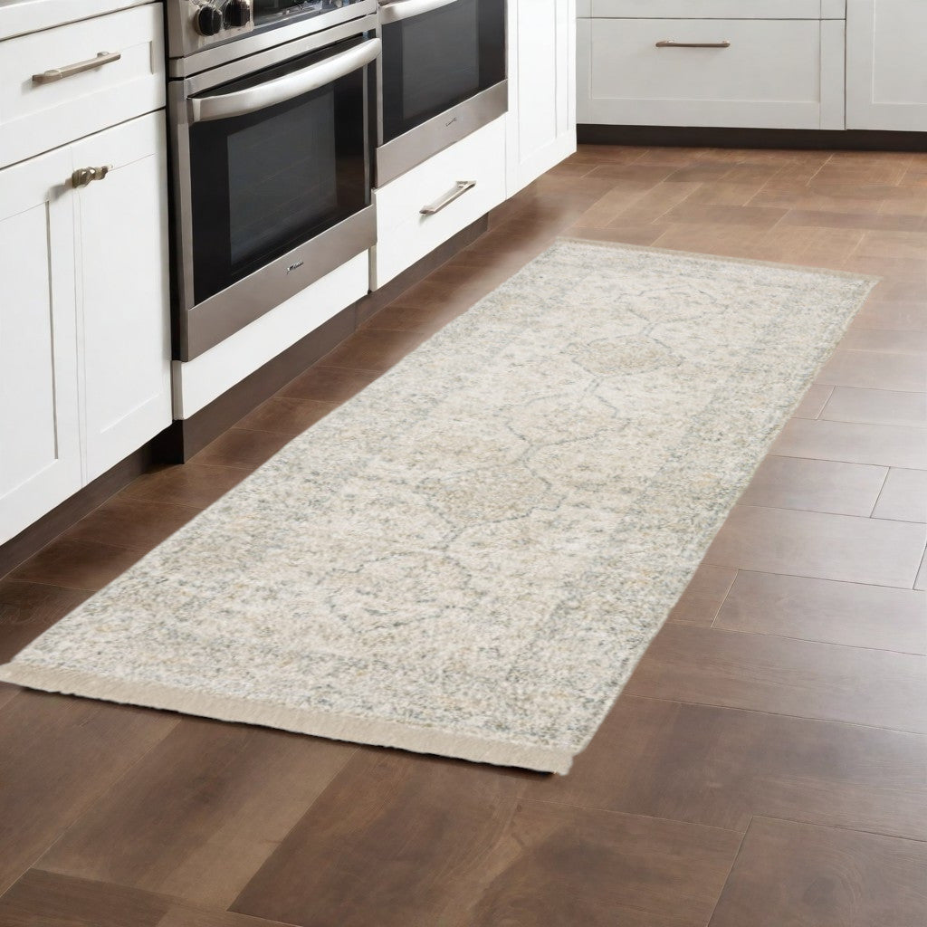 10' X 13' Beige And Charcoal Oriental Hand Loomed Stain Resistant Area Rug With Fringe