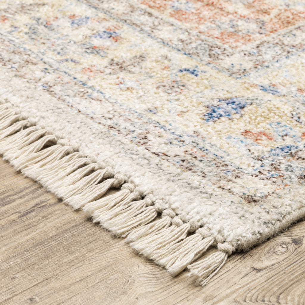 10' X 13' Beige And Charcoal Oriental Hand Loomed Stain Resistant Area Rug With Fringe