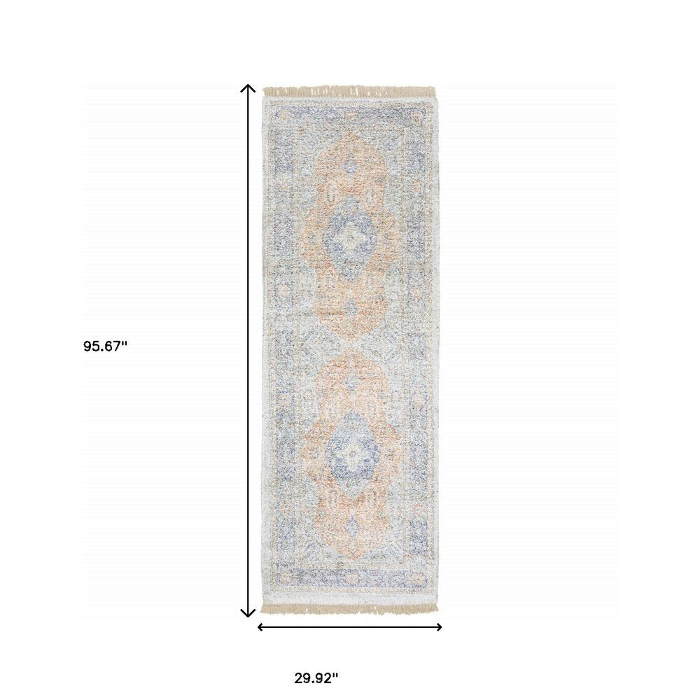 10' X 13' Blue And Red Oriental Hand Loomed Stain Resistant Area Rug With Fringe