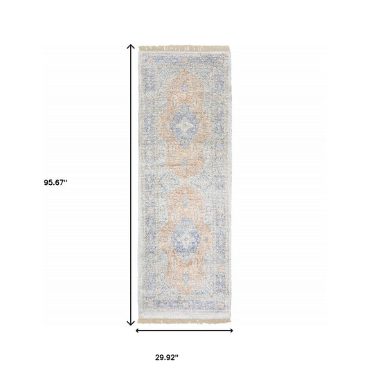 10' X 13' Blue And Red Oriental Hand Loomed Stain Resistant Area Rug With Fringe