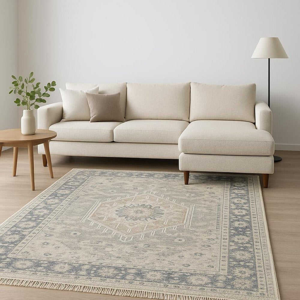 8' X 10' Beige And Grey Oriental Hand Loomed Stain Resistant Area Rug With Fringe