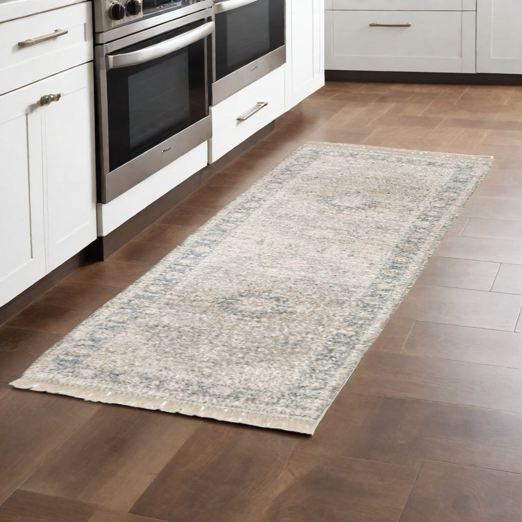 8' X 10' Beige And Grey Oriental Hand Loomed Stain Resistant Area Rug With Fringe