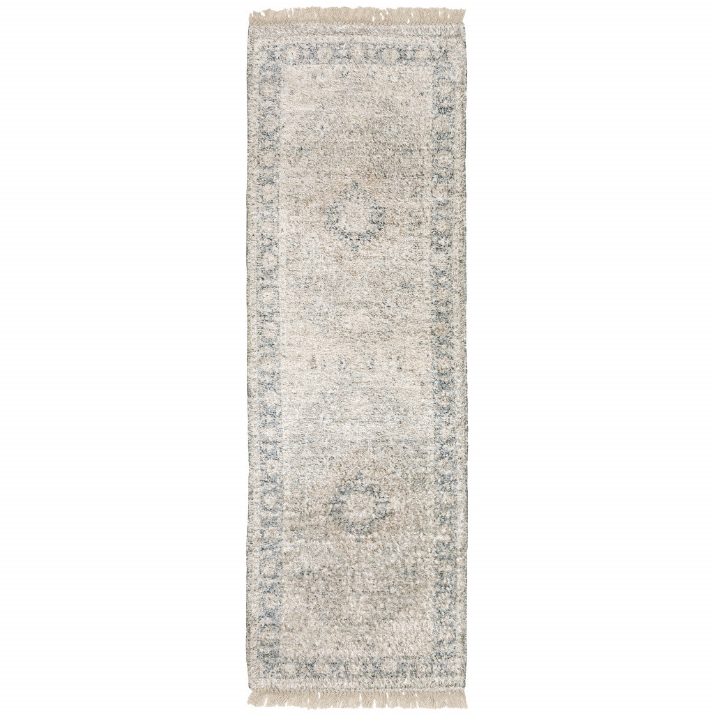 8' X 10' Beige And Grey Oriental Hand Loomed Stain Resistant Area Rug With Fringe