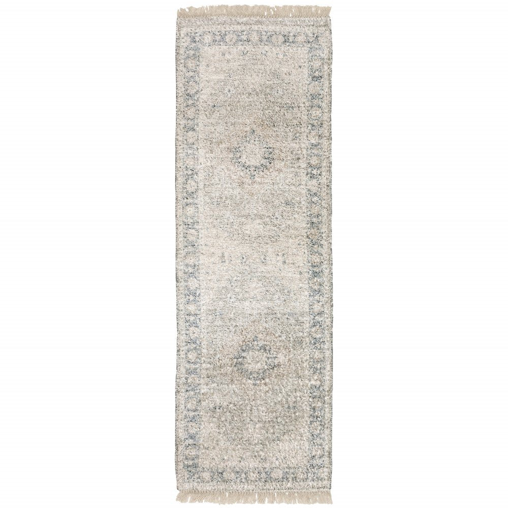8' X 10' Beige And Grey Oriental Hand Loomed Stain Resistant Area Rug With Fringe