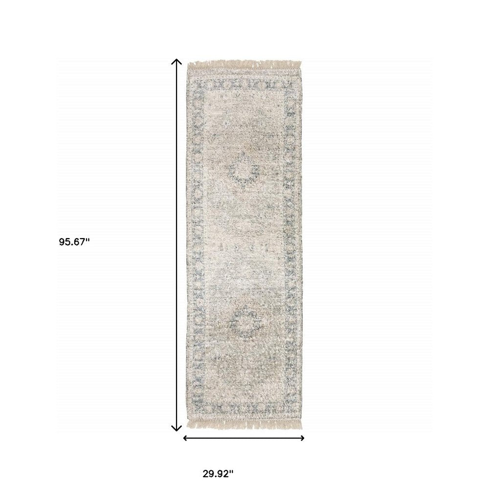 8' X 10' Beige And Grey Oriental Hand Loomed Stain Resistant Area Rug With Fringe