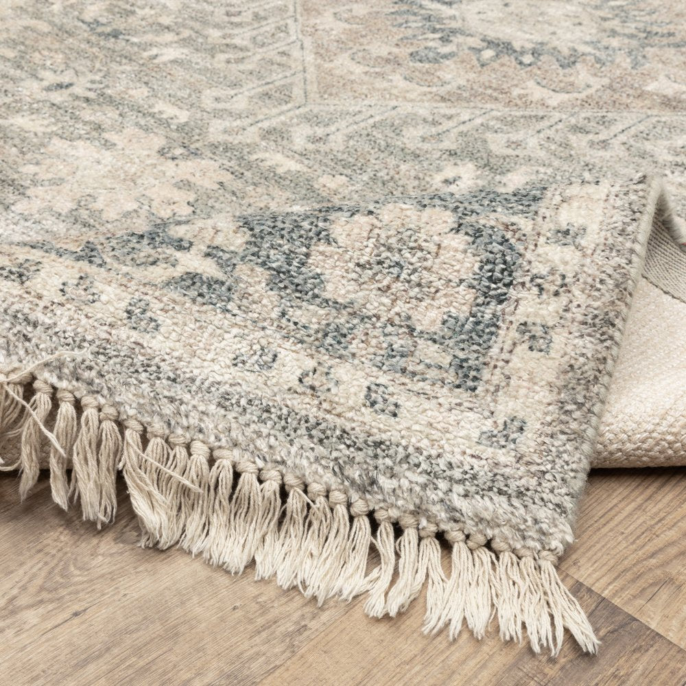 8' X 10' Beige And Grey Oriental Hand Loomed Stain Resistant Area Rug With Fringe