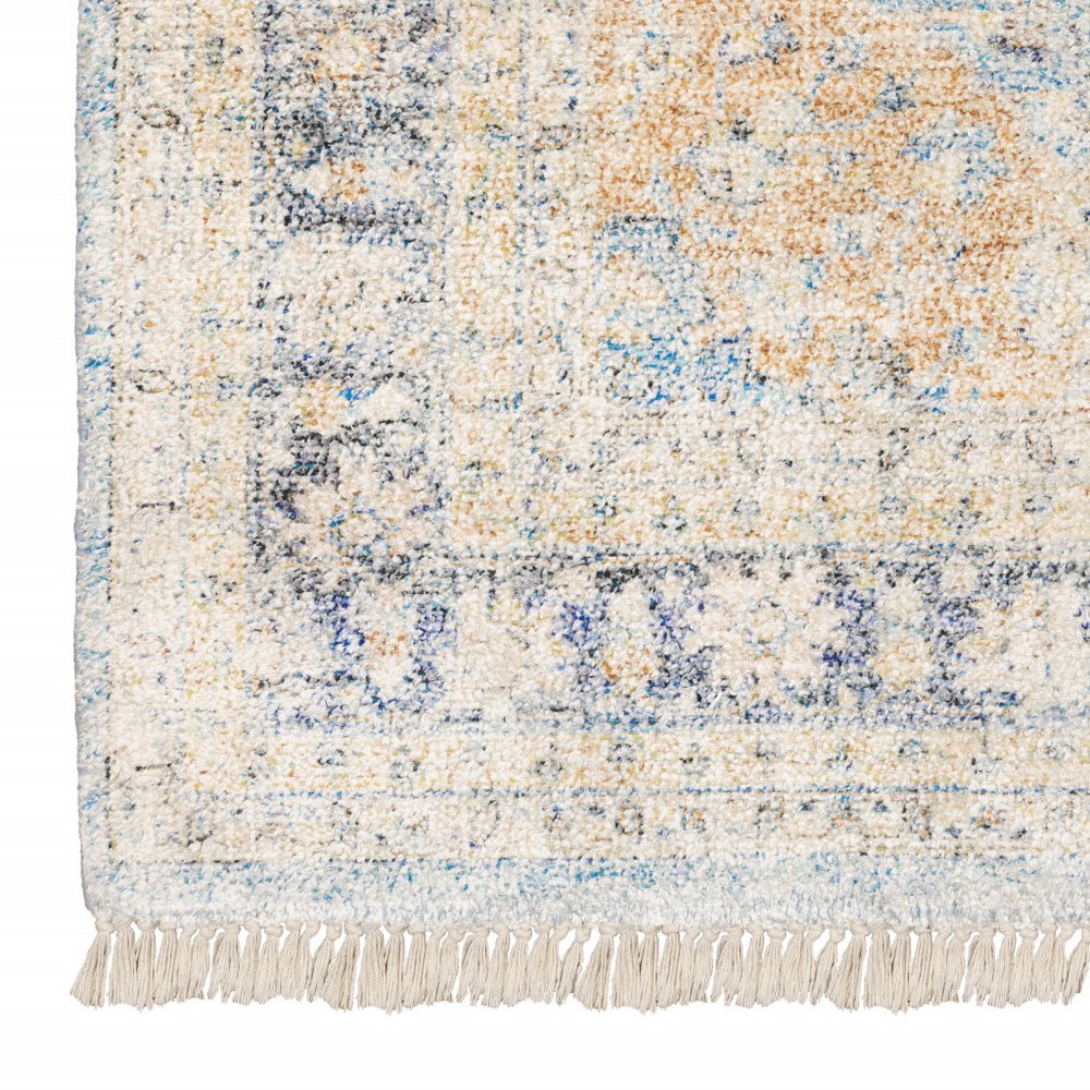 10' X 13' Blue And Beige Oriental Hand Loomed Stain Resistant Area Rug With Fringe