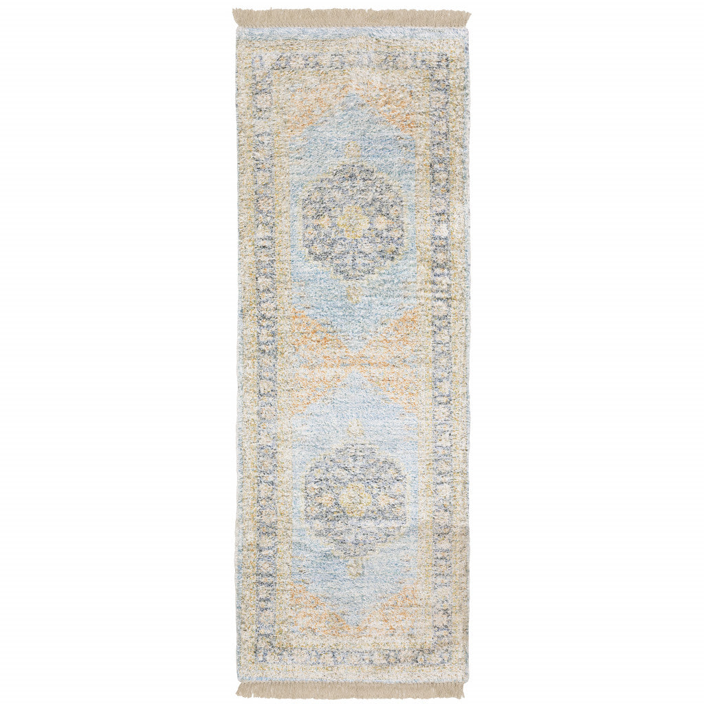 10' X 13' Blue And Beige Oriental Hand Loomed Stain Resistant Area Rug With Fringe