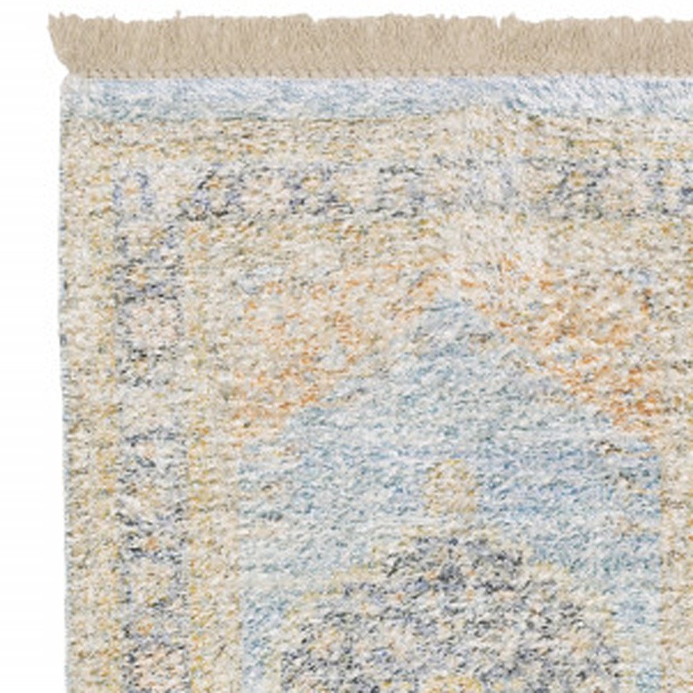 10' X 13' Blue And Beige Oriental Hand Loomed Stain Resistant Area Rug With Fringe