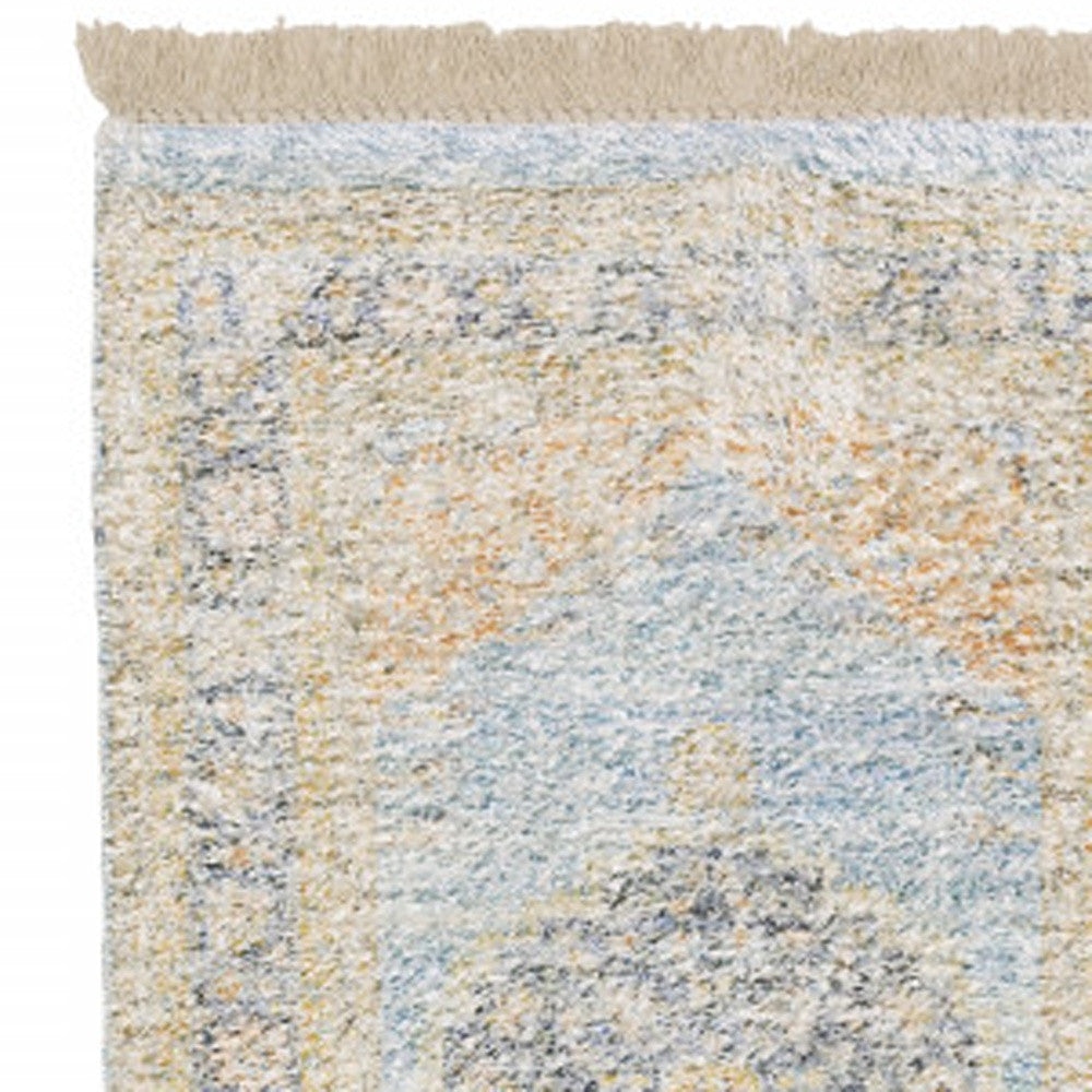 10' X 13' Blue And Beige Oriental Hand Loomed Stain Resistant Area Rug With Fringe