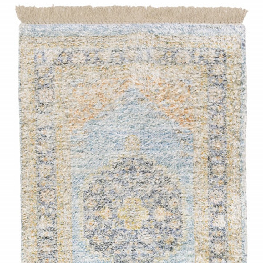 10' X 13' Blue And Beige Oriental Hand Loomed Stain Resistant Area Rug With Fringe