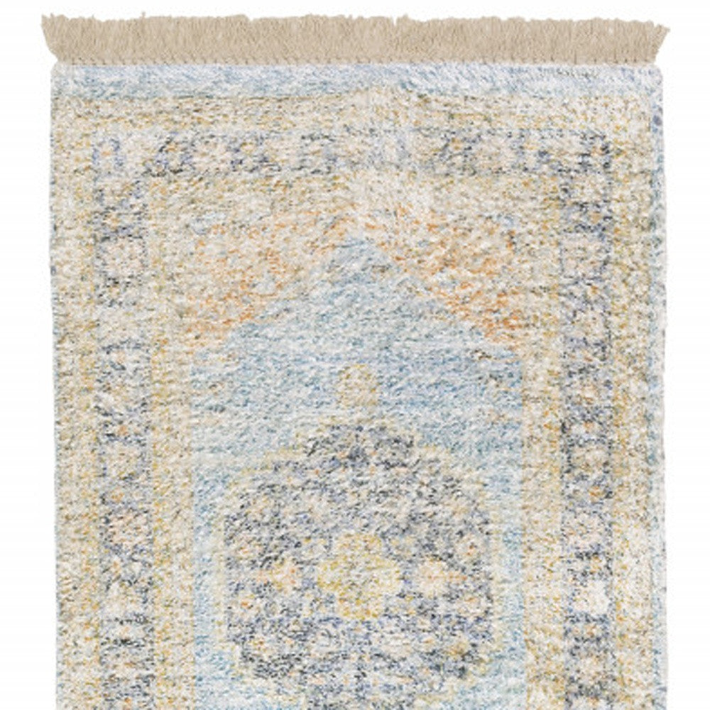 10' X 13' Blue And Beige Oriental Hand Loomed Stain Resistant Area Rug With Fringe