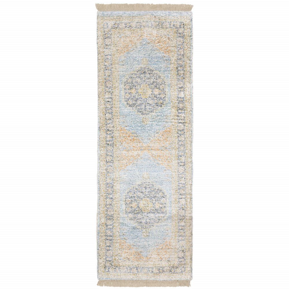 10' X 13' Blue And Beige Oriental Hand Loomed Stain Resistant Area Rug With Fringe