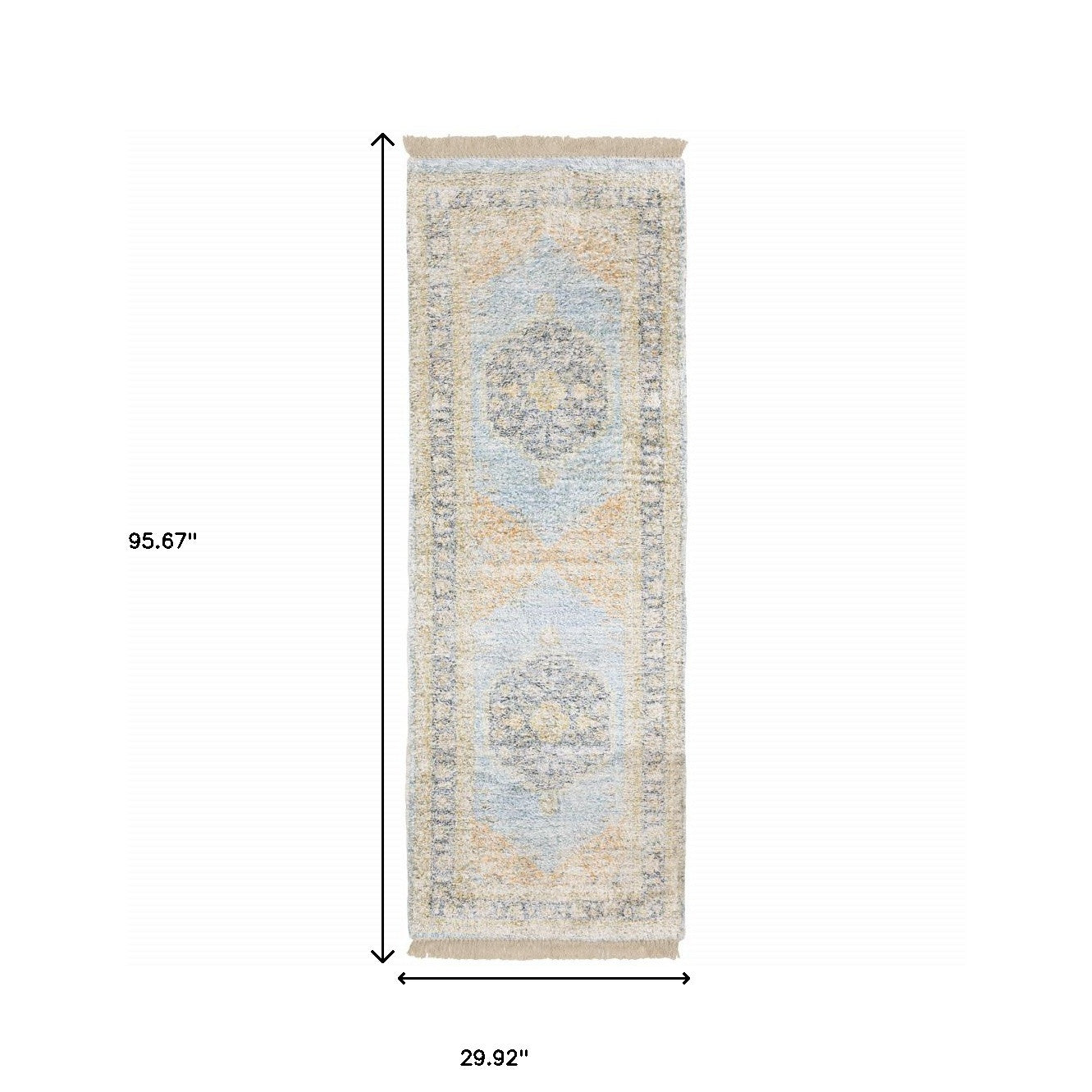 10' X 13' Blue And Beige Oriental Hand Loomed Stain Resistant Area Rug With Fringe